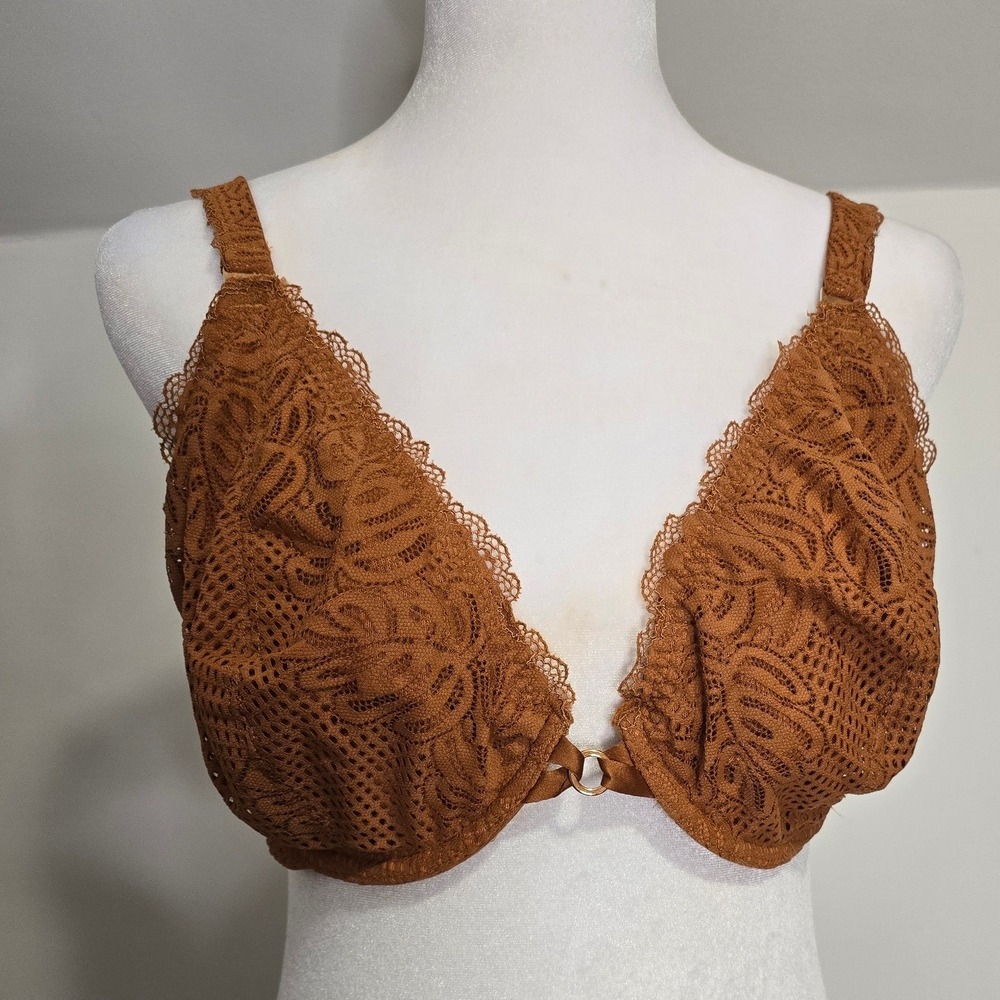 Aerie Women Copper Brown Lace Unlined Plunge Underwire Bra 40D Convertible Strap
